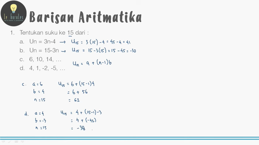 Ilustrasi langkah-langkah penyelesaian soal barisan aritmatika menggunakan rumus Un