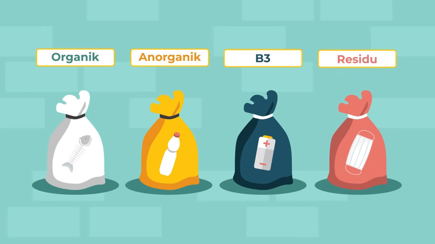 Ilustrasi empat wadah sampah yang berbeda untuk organik, anorganik, B3, dan residu